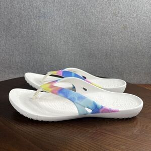 Crocs Sandals Womens Size 11 White tie Dye Kadee Comfort Thong Flip Flop Slip On